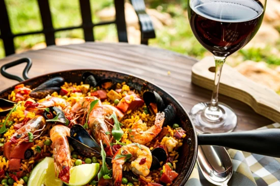 Paella och rött vin i Spanien