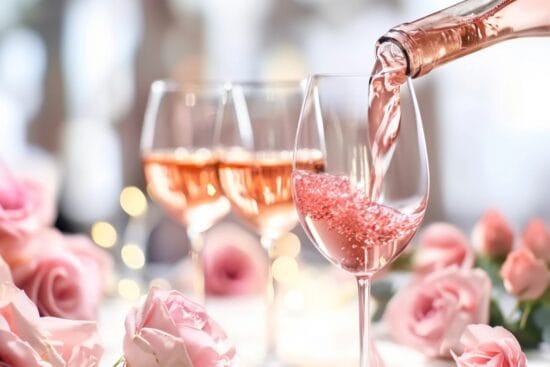 Rosévin hälls upp i glas på en bädd av rosor