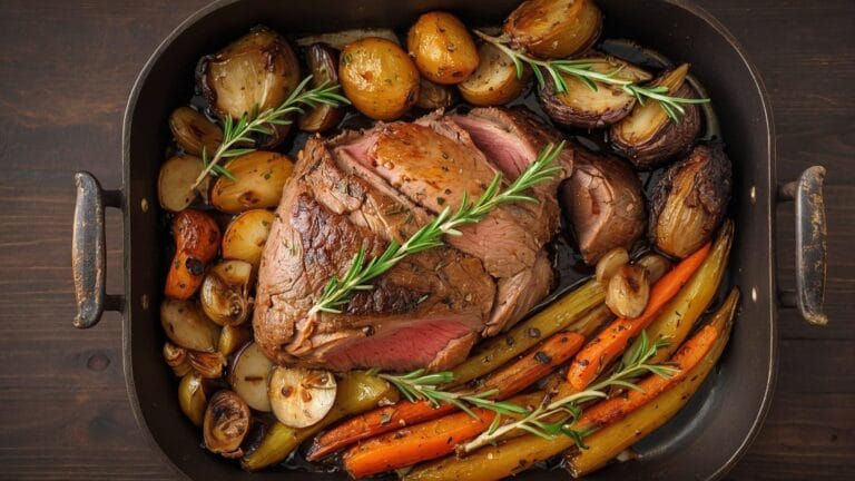 Lammstek med rosmarin, vitlök och ugnsrostade grönsaker