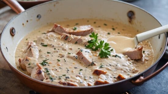 Default oven grilled cut pork covered in lots of creamy sauce 3