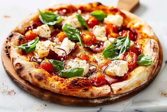 Pizza med tomat och vitost stor