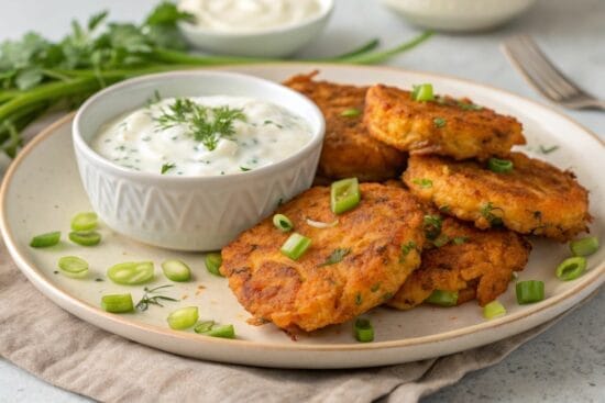 carrot fritters with a sourcream and herb sauce