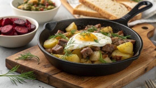 pyttipanna med rester av lamm och potatis