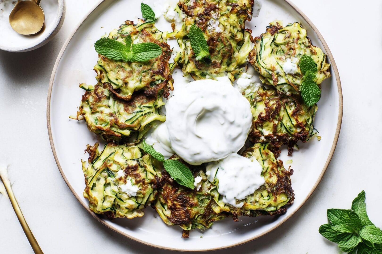 Zucchinibiffar med mynta och fetaost – serveras med yoghurtsås
