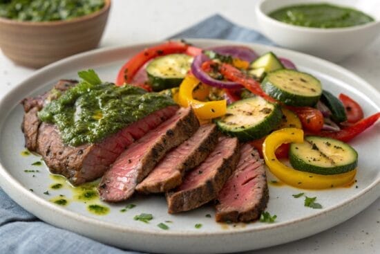 barbeque flank steak with chimichurri and grilled