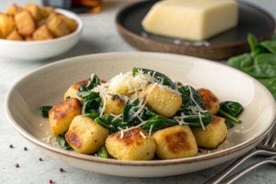 fried gnocchi with spinach melted butter and parm