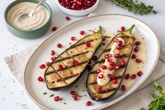 grilled aubergine dressed with tahini and pomegran
