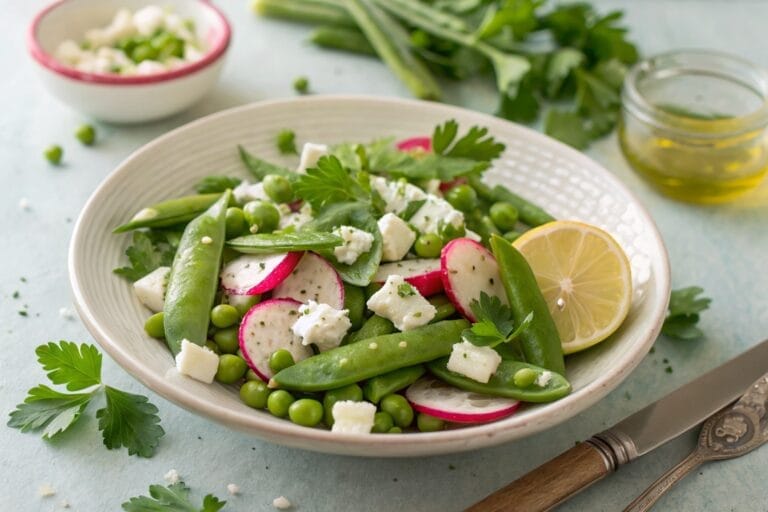 Ljummen sallad på sockerärtor, rädisor & fetaost