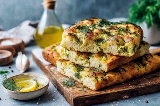 Focaccia i langpanna med dill och prastost