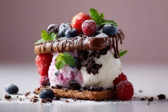 Glassandwich med bar och chokladkakor