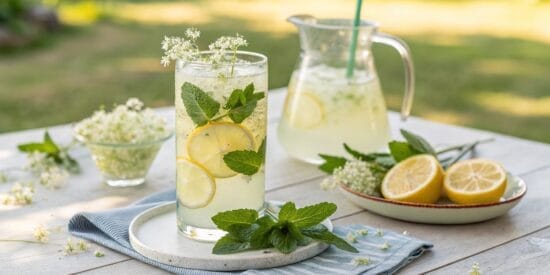 elderflower lemonade with mint and lemon on a tabl