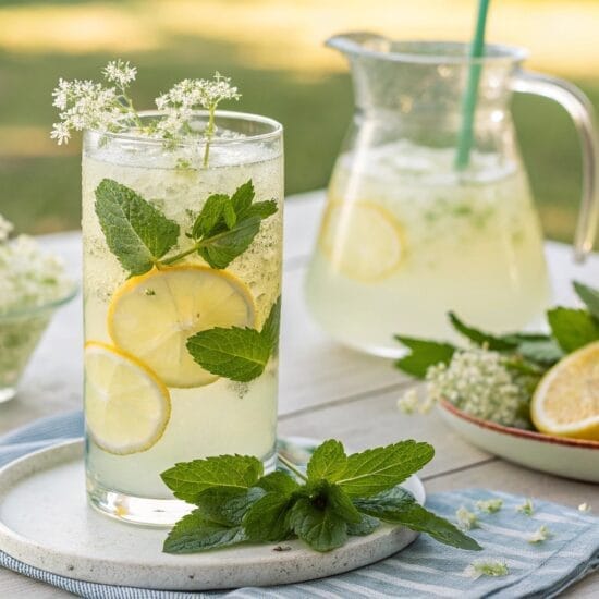 elderflower lemonade with mint and lemon on a tabl