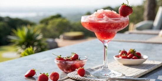 frozen strawberry daiquiri outside in the sun hig