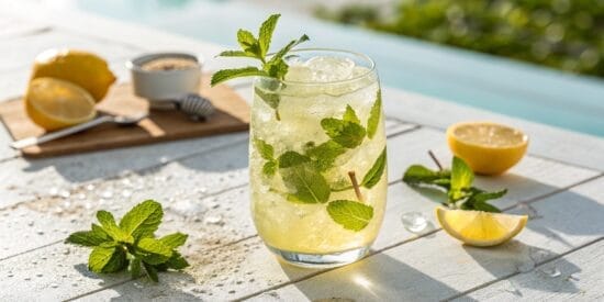 limoncello tonic with mint outside in the sun hig