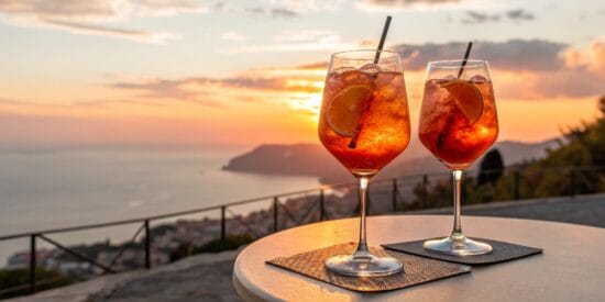 two glasses of aperol spritz standing on a table o 1
