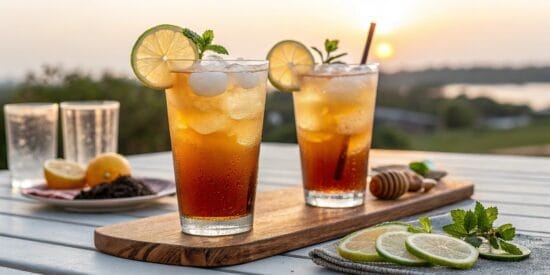two long island iced tea drinks outside during a s
