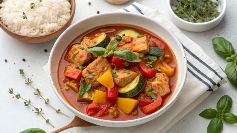 Kycklinggryta med zucchini, paprika och färska örter