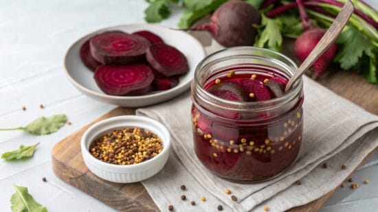 home made pickled beets with mustard seeds in a ja