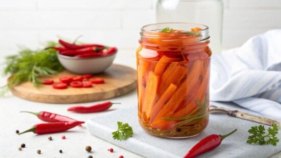 home made pickled carrots with chili in a jar hig