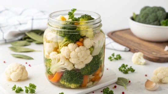 home made pickled cauliflower and broccoli in a ja