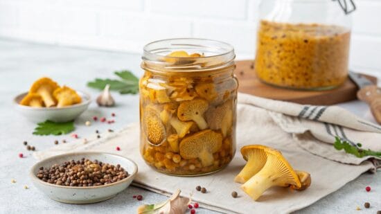 home made pickled chanterelles with mustard seeds