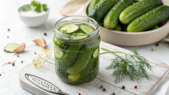 home made pickled cucumber with dill in a jar hig