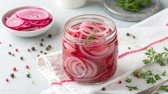 home made pickled red onion in a glass jar high k