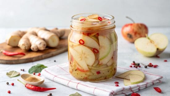 home made pickled thinly sliced apples with ginger