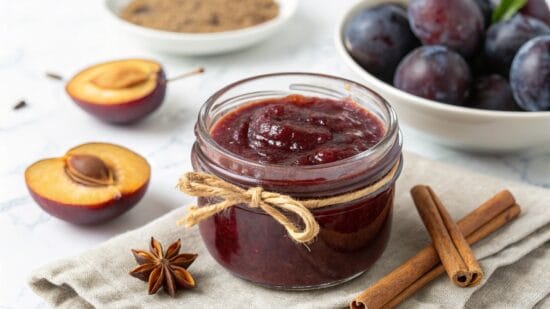 home made plum jam with cinnamon high key lightin