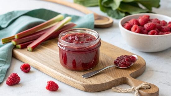home made raspberry and rhubarb jam high key ligh