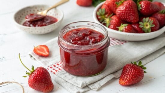 home made strawberry jam high key lighting pinch