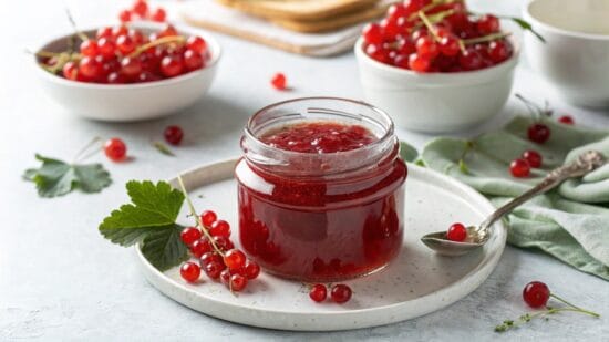light smooth home made red currant jelly in a g