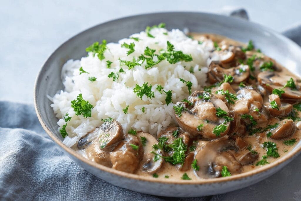 Svampstroganoff med ris eller potatismos
