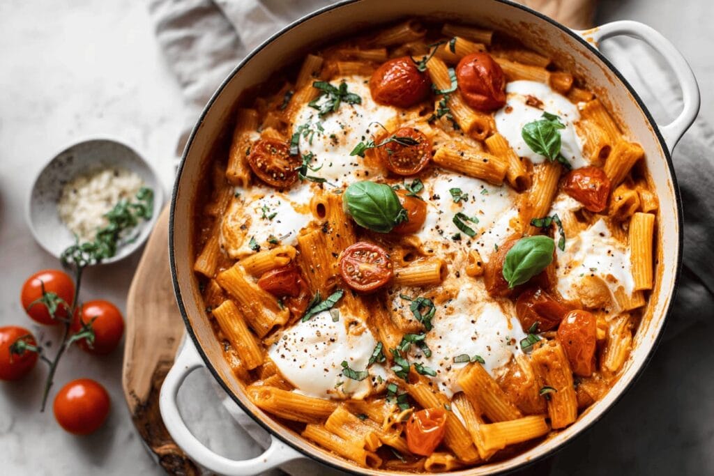 One pot pasta med tomat och mozzarella