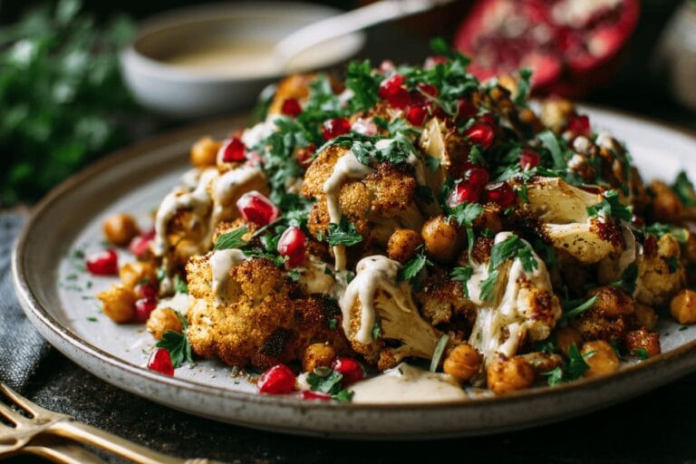 Rostad blomkål- och kikärtsplåt med tahinisås