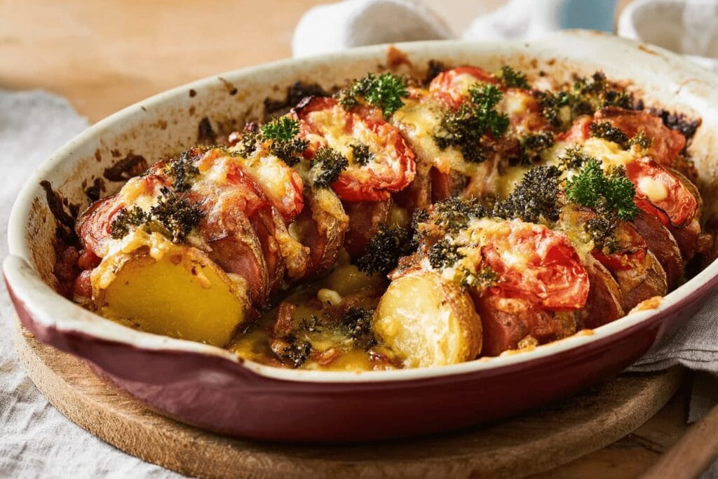 Ugnsbakad falukorv med potatis och tomat