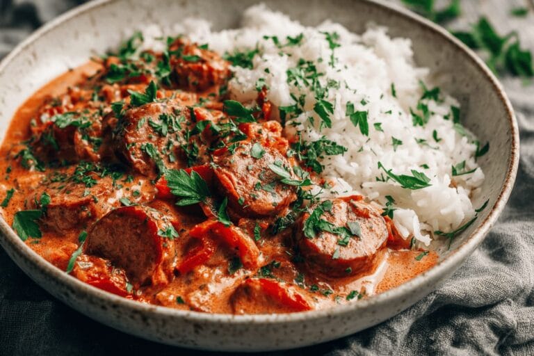 Krämig korvstroganoff med ris