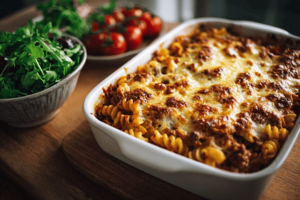 Enkel köttfärs- och pastagratäng