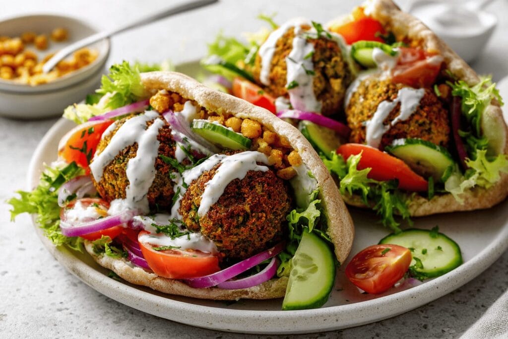 Falafel i pitabröd med grönsaker