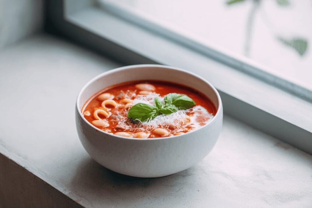 Tomatsoppa med pasta och bönor
