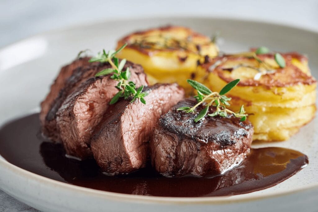 Oxfilé med rödvinssås och potatiskaka