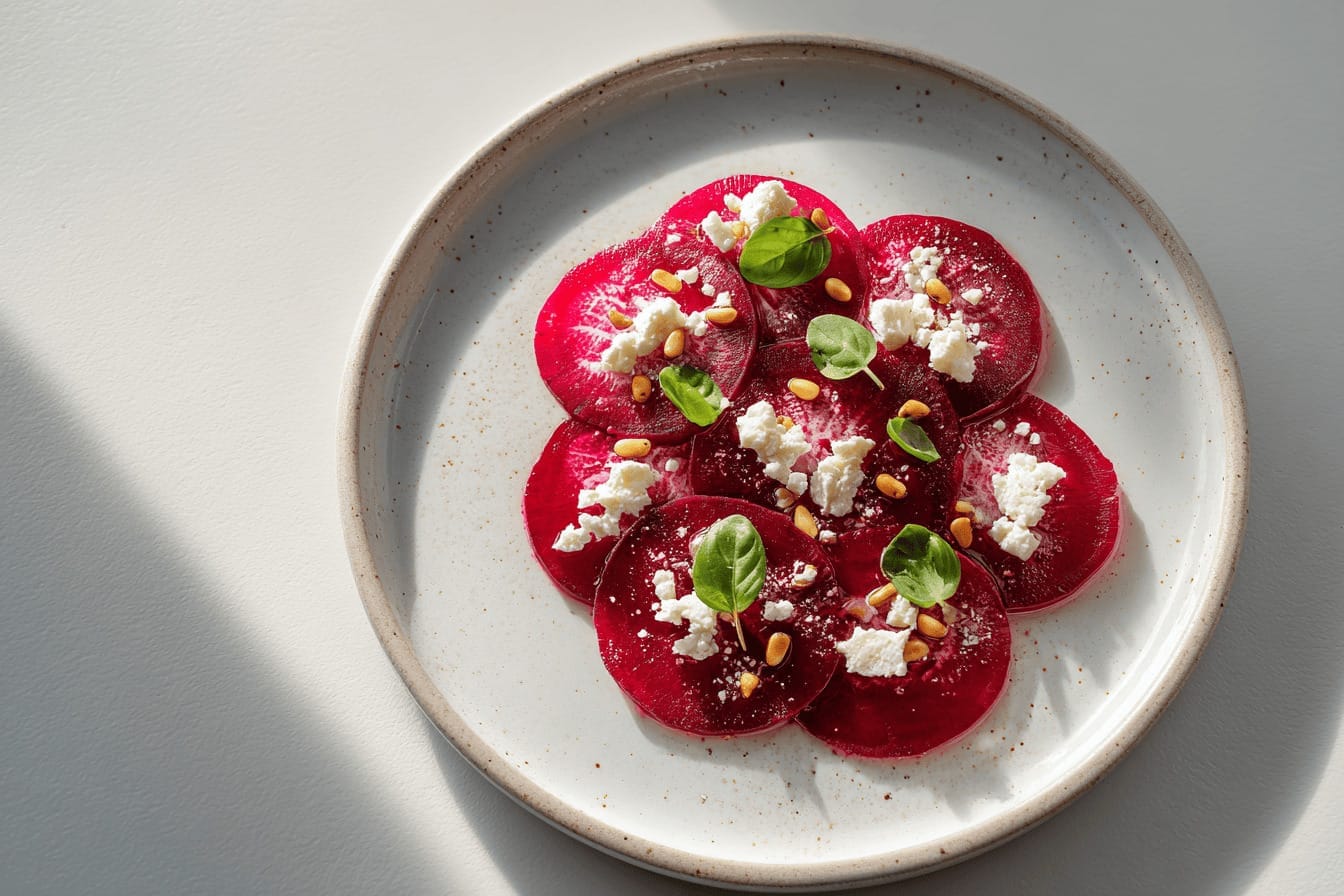 Rödbetscarpaccio med getost och pinjenötter