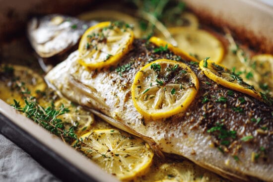 saftig ugnsbakad hel fisk