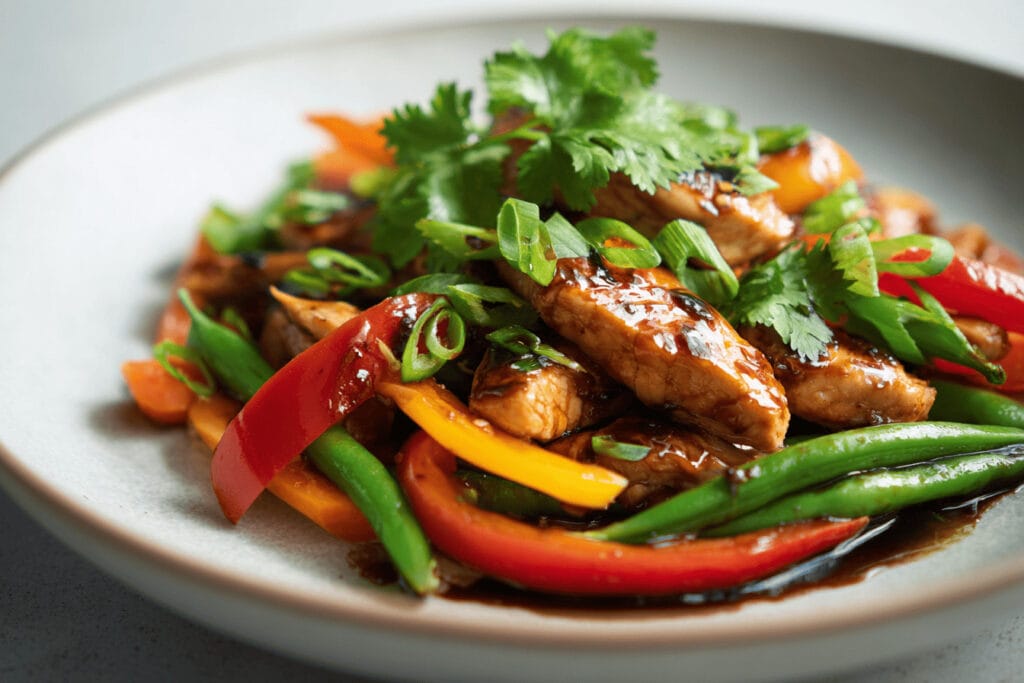 Wokad kyckling med hoisinsås, ingefära & vitlök