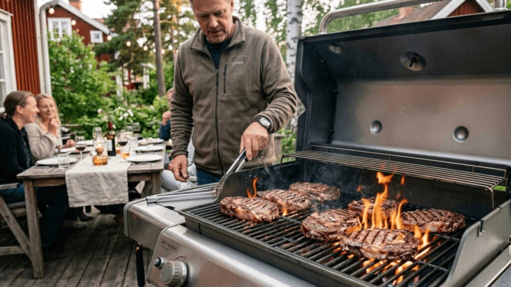 gasolgrill jamn varme grillning kott