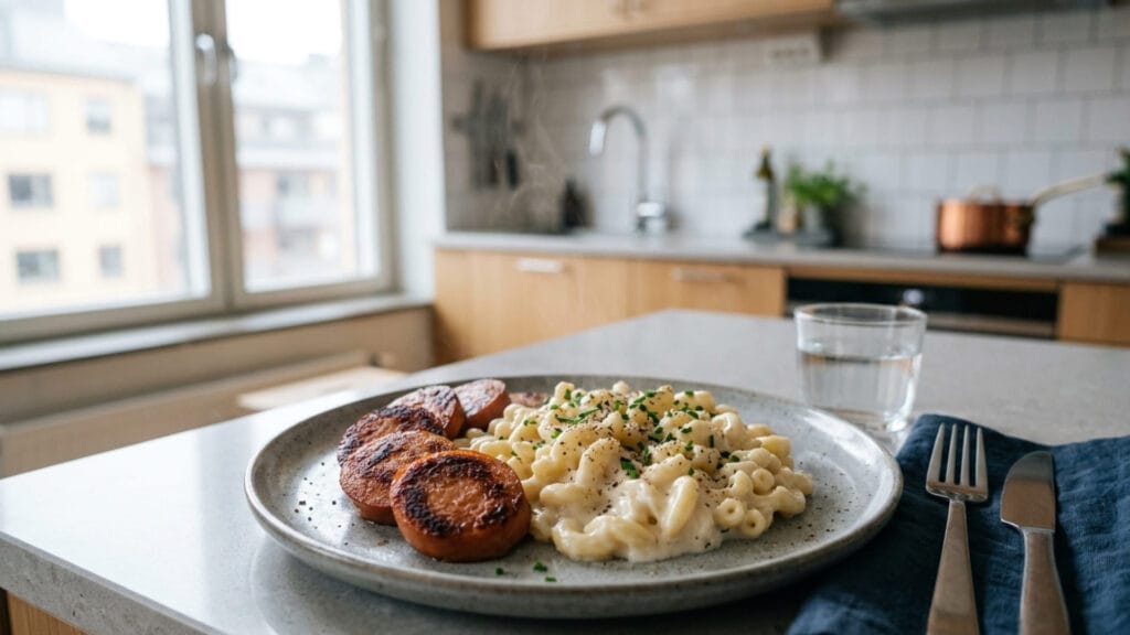 Stekt falukorv med stuvade makaroner