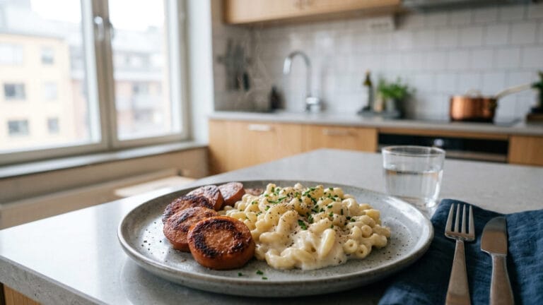 Stekt falukorv med stuvade makaroner
