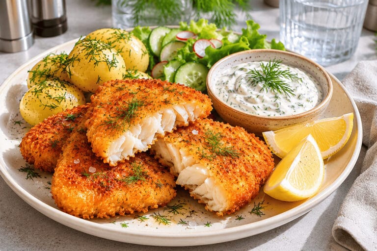 Fiskpanetter med kall dillsås
