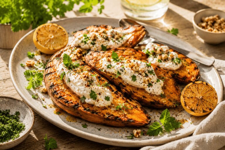 Helgrillad sötpotatis med vispad fetaostkräm