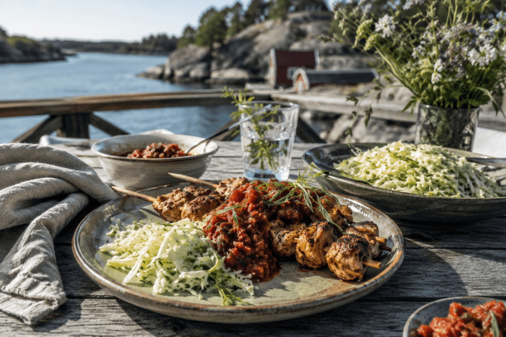 Stefan Ekengrens 5 sommarrätter alla vill laga nu 1 kycklingspett kramig kalsallad tomatkompott